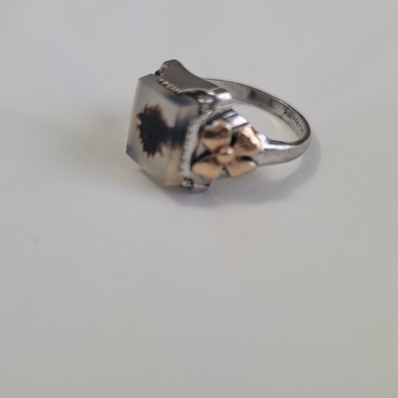 Moss Agate Sterling Silver & Gold Flowers Ring Vintage Ostby Barton Size 6 - Picture 7 of 15